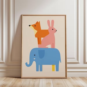 Animal Stack Nursery Wall Art Printable | Kids Animal Poster | Elephant Fox Bunny Decor