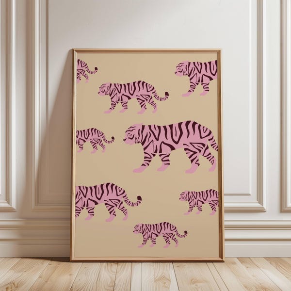 Tiger Wand Kunst zum Ausdrucken | Safari-Kinderzimmer-Dekor | Kinderzimmer Poster | Rosa Animal Print