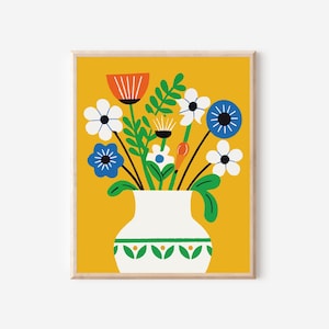 Póster digital de jarrón de flores / Arte mural con ramo de flores / Decoración botánica para el hogar / Impresiones de flores amarillas / Póster de flores / Impresión de mercado de flores