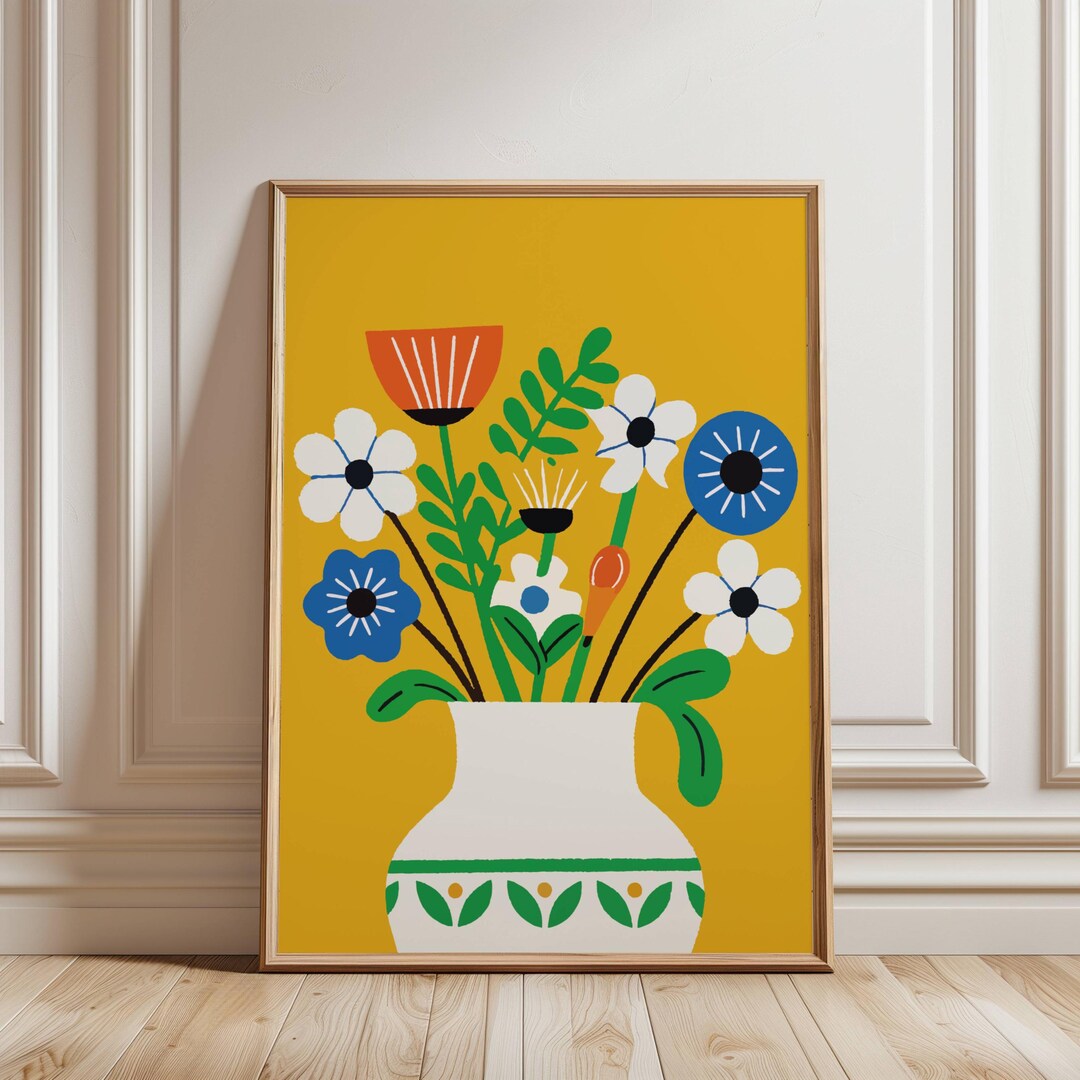 Floral Printable Wall Art | Folk Art Flower Vase Print | Colorful Retro ...