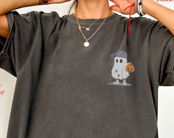 Halloween Embroidered Comfort Color Tshirt , Retro Ghost Pumpkin tee,Halloween Shirt, Halloween  Spooky Gift tee, oversized top, Funny shirt