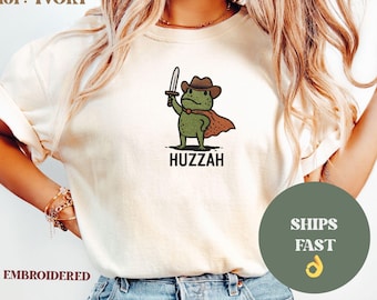 T-shirt Huzzah Frog met zwaard, geborduurd middeleeuws shirt, comfortabele kleuren, grappig DnD-T-shirt, Faire Frog Renaissance, hoodie