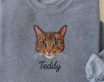 Custom Pet Portrait Embroidered Sweatshirt, Personalized Dog or Cat Sweater with Name, Pet Lover Gift, Memorial Embroidery Pullover