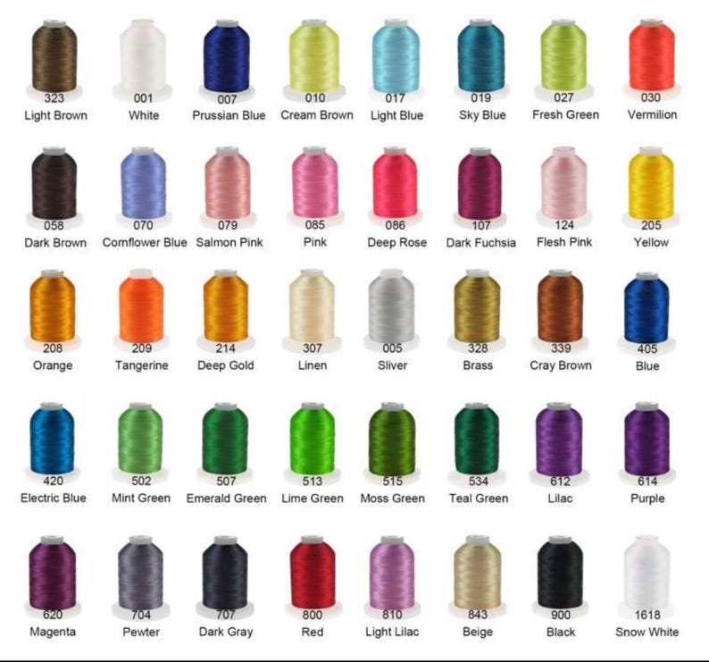 May include: A color chart of embroidery floss with 24 different colors, each color is labeled with a number and a name. The colors include light brown, white, Prussian blue, cream brown, light blue, sky blue, fresh green, vermilion, dark brown, cornflower blue, salmon pink, pink, deep rose, dark fuchsia, flesh pink, yellow, orange, tangerine, deep gold, linen, silver, brass, cray brown, blue, electric blue, mint green, emerald green, lime green, moss green, teal green, lilac, purple, magenta, pewter, dark gray, red, light lilac, beige, black, and snow white.