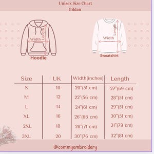 May include: Unisex size chart for Gildan hoodies and sweatshirts. The chart includes sizes S to 3XL, with corresponding UK sizes, widths in inches (20" to 30") and lengths in inches (27" to 32"). The @commyembroidery is at the bottom.