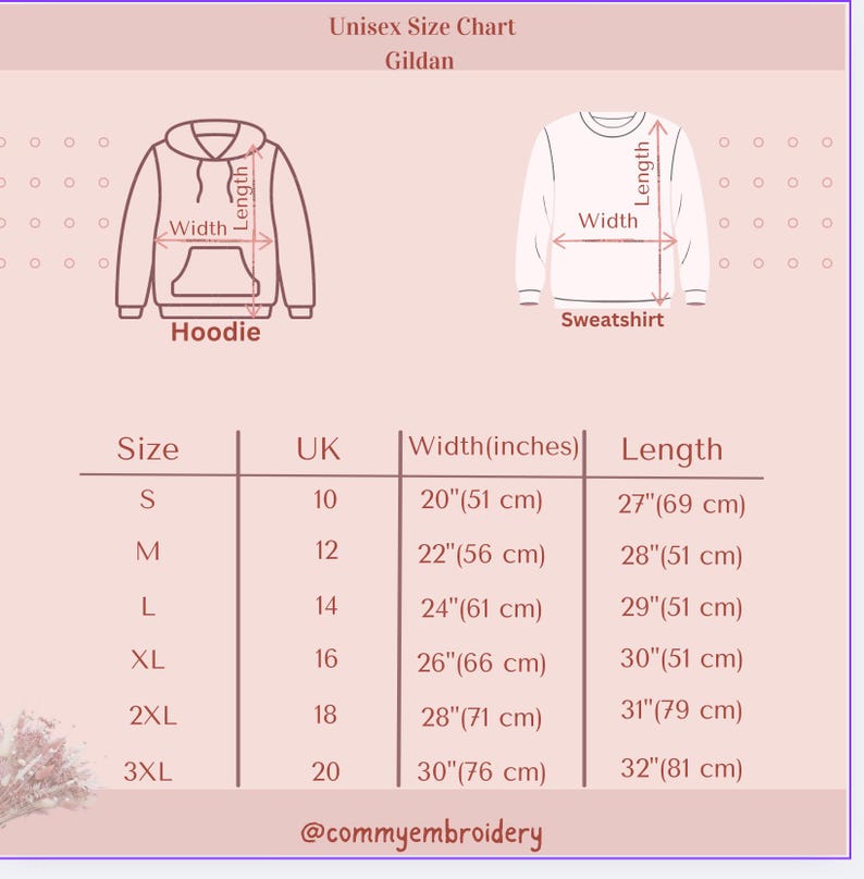 May include: Unisex size chart for Gildan hoodies and sweatshirts. The chart includes sizes S to 3XL, with corresponding UK sizes, widths in inches (20" to 30") and lengths in inches (27" to 32"). The @commyembroidery is at the bottom.
