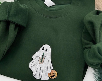 Ghost Pumpkin Halloween Embroidered Jumper, Halloween Sweatshirt, Autumn Clothing, Vintage sweater , Fall Crewneck, Halloween Gift UK, T-shi