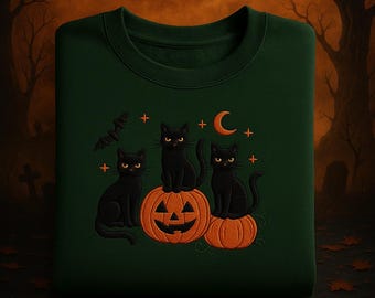 Black Cat Halloween Sweatshirt, Cute Pumpkin Fall Jumper, Spooky Cat Crewneck, Halloween Cat Shirt, Cozy Autumn Sweater, Halloween Gift, tee