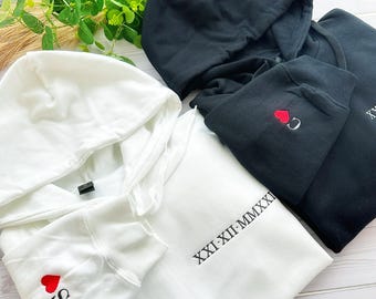 Jahrestagsgeschenk für Paare, römische Zahl Sweatshirt, personalisierte passende Hoodies für Paare, Weihnachtsgeschenk, Valentinstagsgeschenke