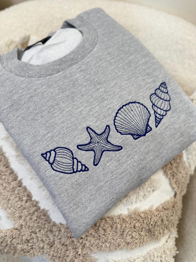 Crewneck Beach Sweatshirt - Cobalt Coastals University Seashell Design