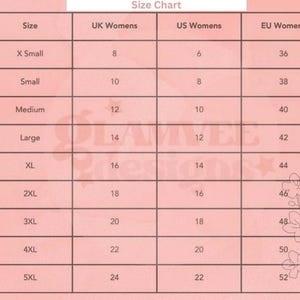 May include: Size chart for clothing with columns for UK, US, and EU women's sizes. The chart shows sizes from X-Small to 5XL, with corresponding UK, US, and EU sizes.