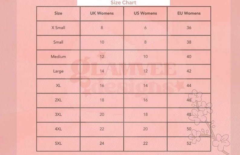 May include: Size chart for clothing with columns for UK, US, and EU women's sizes. The chart shows sizes from X-Small to 5XL, with corresponding UK, US, and EU sizes.