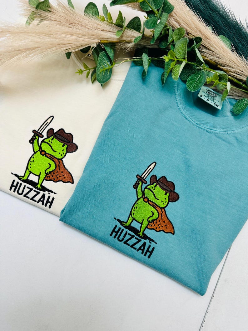 Huzzah Frog with Sword Tee, Embroidered Medieval Shirt, Comfort Colors , Funny DnD T-Shirt, Renaissance Faire Frog, Hoodie image 3