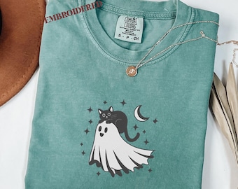 Embroidered Ghost Black cat Halloween Comfort color Tshirt, Cute Halloween Ghost Crewneck, Autumn Pumpkin Latte Shirt, Gift for Her,crewneck