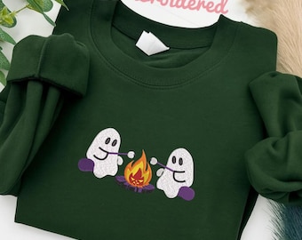 Niedliches Geister-Lagerfeuer besticktes Sweatshirt-Pullover-T-Shirt, gruseliger Herbst-Pullover, gruseliger Halloween-Pullover, Witchy-T-Shirt, Halloween-Geschenk