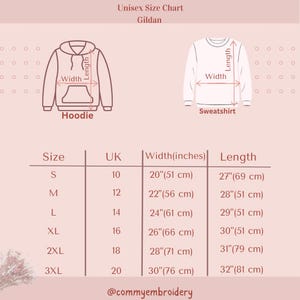 May include: A pink size chart for unisex hoodies and sweatshirts. The chart includes measurements in inches and centimeters for width and length, ranging from size small to 3XL. The brand name "Gildan" is at the top.