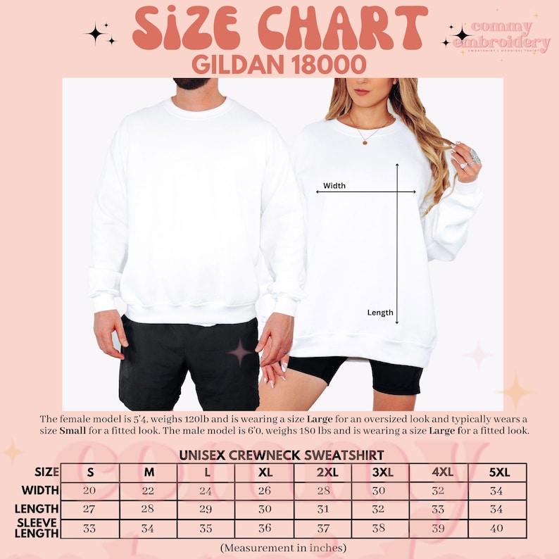 Puede incluir: Tabla de tallas para una sudadera unisex de cuello redondo Gildan 18000. La tabla muestra las medidas en pulgadas para las tallas S a 5XL. La imagen incluye un modelo masculino y femenino que lleva la sudadera, con notas sobre el tallaje.
