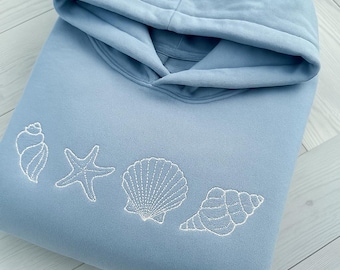 Moletom com capuz bordado com conchas, estilo praiano, ideal para amantes da natureza, gola redonda com inspiração praiana, estética campestre, presente perfeito para quem ama praia, blusa de verão