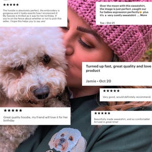 May include: A dark green sweatshirt with an embroidered dog design. The image shows a close-up of the sweatshirt, with customer reviews in the background. The sweatshirt is a comfortable, high-quality product.