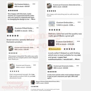 May include: A collage of customer reviews for custom embroidered pet products. The reviews include text and star ratings, with phrases like "great service" and "lovely item." The products appear to be sweatshirts and hoodies.