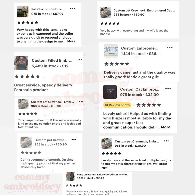 May include: A collage of customer reviews for custom embroidered pet products. The reviews include text and star ratings, with phrases like "great service" and "lovely item." The products appear to be sweatshirts and hoodies.