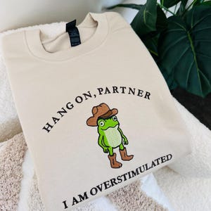 Embroidered  Funny Frog Hoodie Jumper, Cowboy Frog Unhinged Shirt, Weirdcore Gen Z Crewneck sweatshirt,Hang on Partner i am overstimulated