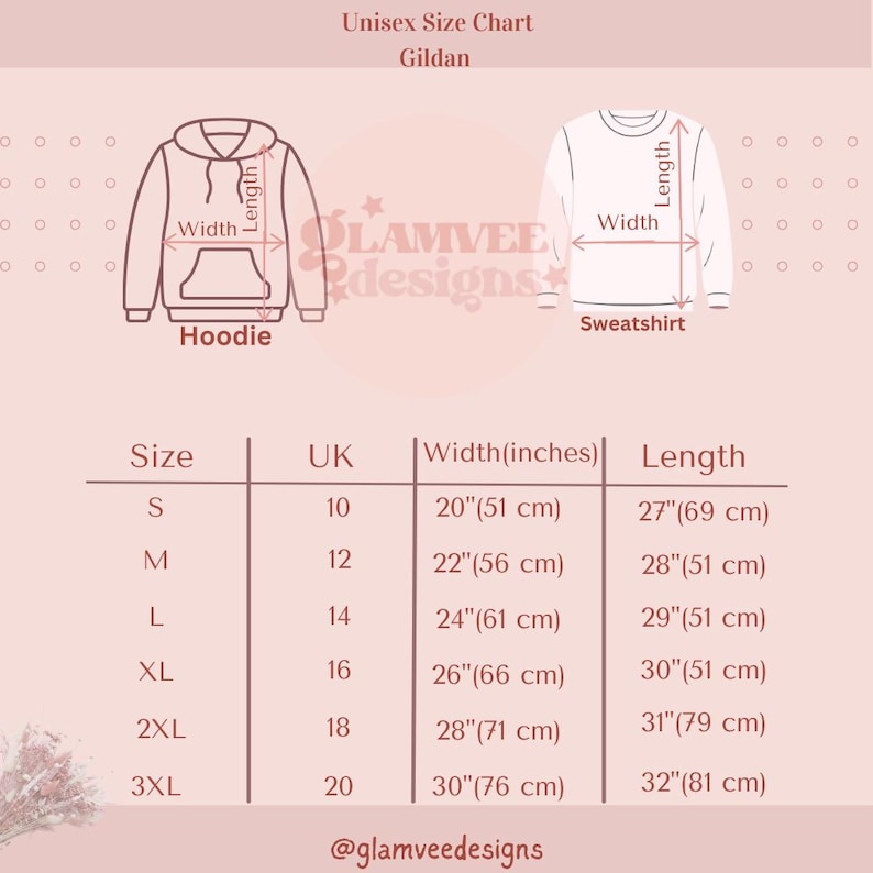 Pode incluir: Tabela de tamanhos unissex para moletons com capuz e moletons Gildan. Os tamanhos variam de S a 3XL, com medidas em polegadas (e cm). A tabela tamb&eacute;m inclui tamanhos do Reino Unido. O texto "@glamveedesigns" est&aacute; na parte inferior.