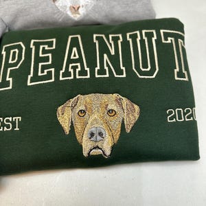 May include: Green sweatshirt with the name "PEANUT" embroidered in white block letters above a detailed dog face. The year "2020" is embroidered on the right side. A gray sweatshirt with a cat face and the year "2019" is visible in the background.