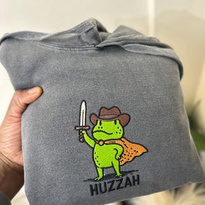 Huzzah Frog with Sword Tee, Embroidered Medieval Shirt, Comfort Colors , Funny DnD T-Shirt, Renaissance Faire Frog, Hoodie image 2