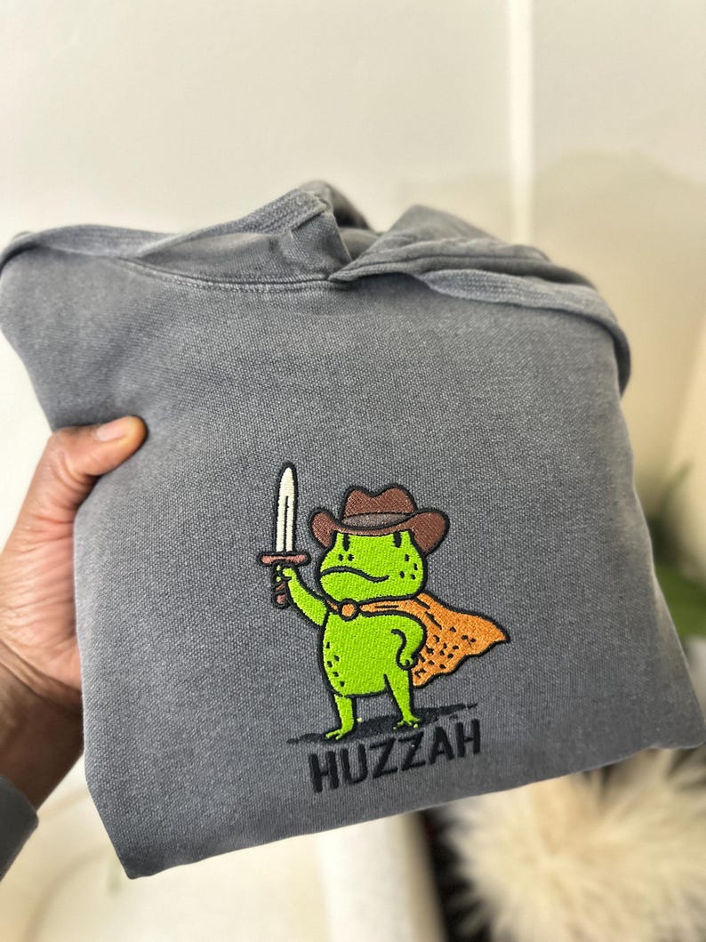 Huzzah Frog with Sword Tee, Embroidered Medieval Shirt, Comfort Colors , Funny DnD T-Shirt, Renaissance Faire Frog, Hoodie image 2