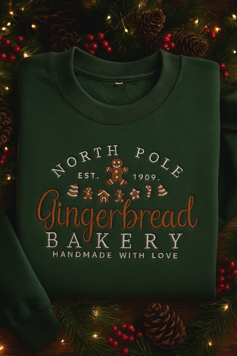 May include: A dark green sweatshirt with the embroidered text "North Pole Gingerbread Bakery" in white and brown. The design includes gingerbread men, houses, and stars. The phrase "Handmade with Love" is also embroidered.