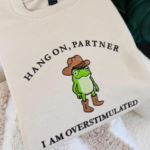 Funny Frog Embroidered Sweatshirt,  Hang On Partner I Am Overstimulated Crewneck, Gift for Overthinkers, Vintage Jumper, Oversized Sweater