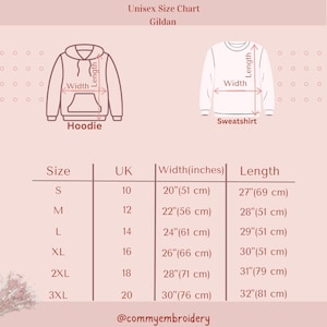 May include: A pink size chart for Gildan unisex hoodies and sweatshirts. The chart includes measurements in inches and centimeters for width and length, with sizes ranging from S to 3XL. The chart also includes UK sizes.