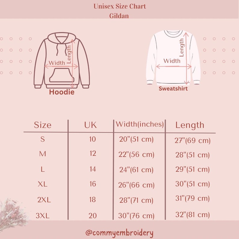 May include: A pink size chart for Gildan unisex hoodies and sweatshirts. The chart includes measurements in inches and centimeters for width and length, with sizes ranging from S to 3XL. The chart also includes UK sizes.