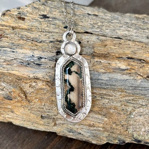 Faceted Moss Agate and White Moonstone Statement Pendant