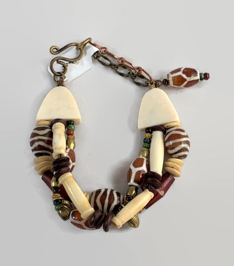 Etched Agate and Bone Multi-Strand  Africa  Bracelet