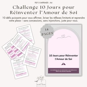 Könnte beinhalten: Ein druckbarer 14-seitiger Leitfaden für eine Selbstliebe-Herausforderung mit einem rosa-weißen Farbschema. Das Cover zeigt ein Herzsymbol und den Text "10 Jours pour Réinventer l'Amour de Soi".