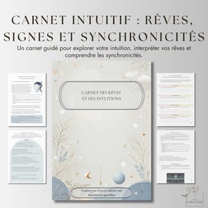 Peut inclure: Une couverture de journal bleu clair et blanc avec un titre qui dit "CARNET DES RÊVES ET DES INTUITIONS". La couverture présente une illustration fantaisiste d'un croissant de lune, d'une planète bleue et de feuillages stylisés. Le texte "Explorer ses rêves et cultiver son intuition au quotidien" est en bas de la couverture.