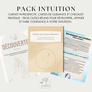 May include: A set of spiritual tools for self-discovery, featuring a journal, guidance cards, and a practical checklist. The items are in a soft color palette with text in French. The set is designed to help develop and trust intuition.