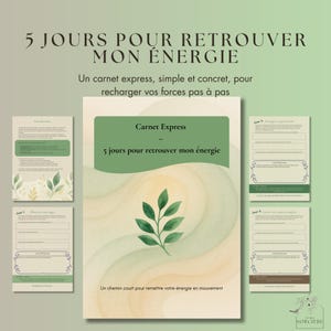 May include: A journal with the text "5 JOURS POUR RETROUVER MON ÉNERGIE" and "Carnet Express" in French. The journal has a green and beige color scheme with a leaf illustration. Additional pages are displayed.