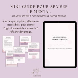 Peut inclure: Un guide numérique intitulé "MINI-GUIDE POUR APAISER LE MENTAL" sur une tablette, avec des pages imprimées. Le guide propose des techniques pour calmer l'agitation mentale. La palette de couleurs est douce, avec des nuances de rose et de blanc.