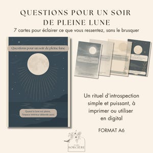 May include: A set of cards with the text "QUESTIONS POUR UN SOIR DE PLEINE LUNE" and a full moon design. The cards are in a stack, with the front card showing a full moon and radiating lines. The background is a dark blue with stars.