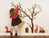 ON SALE Fabric Wall Decal - Woodland Scene Retro (reusable) No PVC