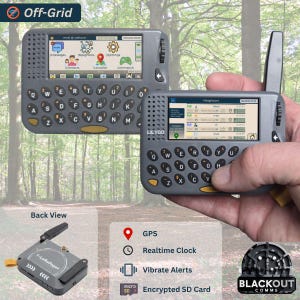May include: A grey LILYGO T-LoRaPager handheld communication device featuring a QWERTY keyboard, a digital screen displaying a user interface with icons and text, a side antenna, and a speaker grille. The device includes GPS, a clock, and SD card support.