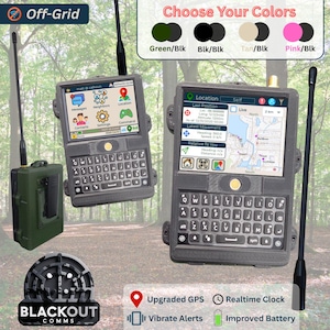 May include: Two handheld communication devices with QWERTY keyboards and digital screens displaying maps and menus. The devices feature long antennas and are available in green, black, tan, or pink color options with black accents. Text includes Off-Grid.