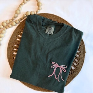 Cute Ribbon Bow Comfort Colors Tee | Coquette Bow Tee | Gift For Her | Embroidered Tee | Bow Shirt