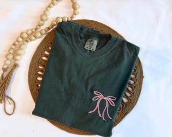 Cute Ribbon Bow Comfort Colors Tee - Coquette Bow Tee - Gift For Her - Embroidered Tee - Bow Shirt - Size Medium