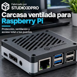 May include: A black and silver ventilated case for a Raspberry Pi, featuring the text Fabricado por STUDIO3DPRO, Carcasa ventilada para Raspberry Pi, and Proteccion, ventilacion y acceso total a tus puertos, with visible ports and vents.