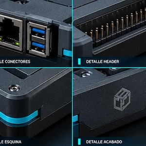 May include: A black electronic enclosure featuring blue corner accents, an Ethernet port, two USB ports, a pin header, and a small logo. The image includes text labels: DETALLE CONECTORES, DETALLE HEADER, DETALLE ESQUINA, and DETALLE ACABADO.