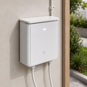 May include: A white, rectangular wall-mounted electronic device with a flat top cover and a small glowing status light on the front panel. The unit features a small logo at the bottom center and two white cables connected to the bottom ports.